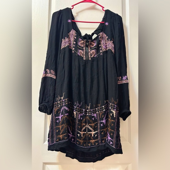 Free people Black Bohemian Dress with embroidery and tie back - Picture 2 of 6
